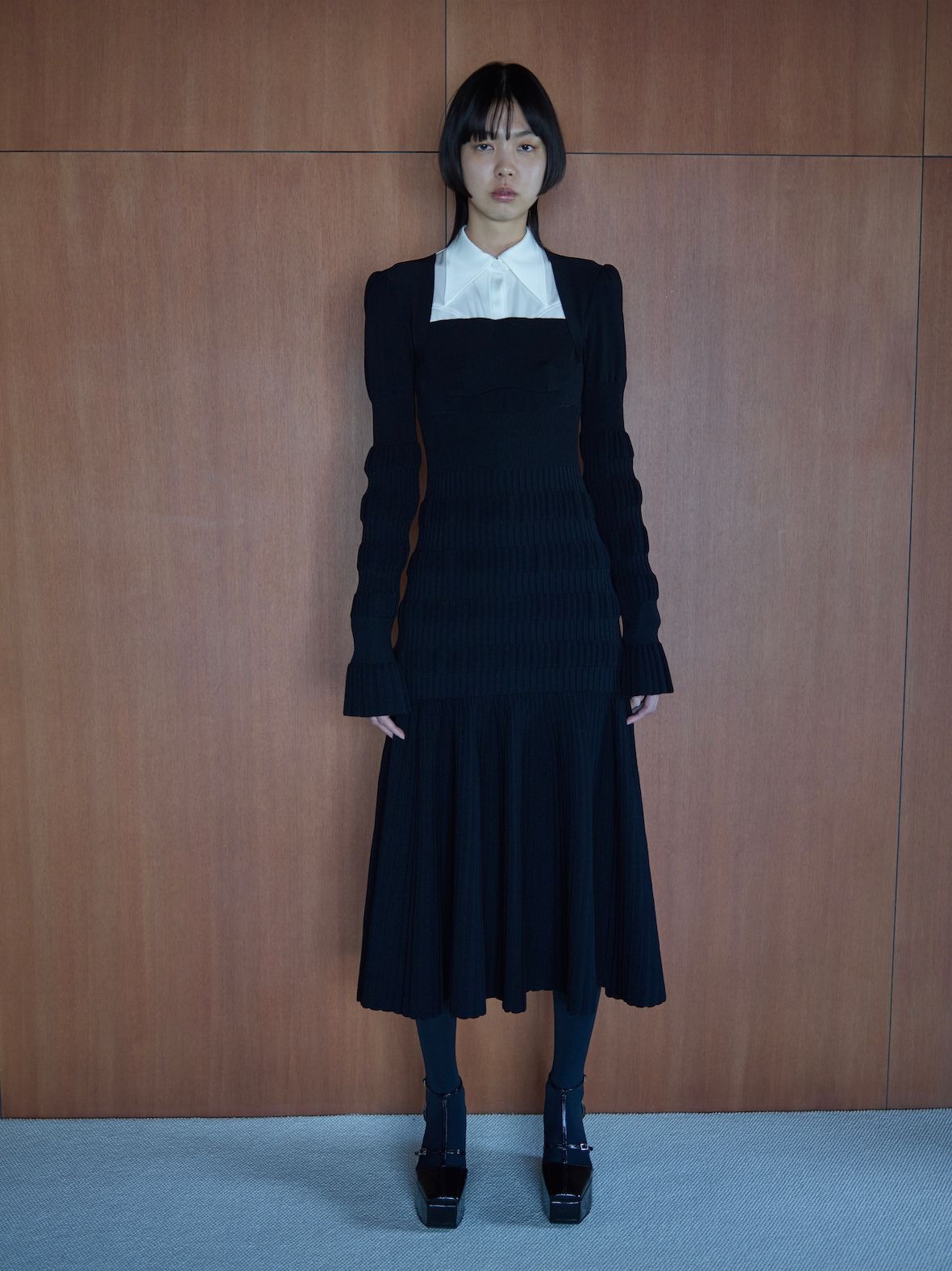 ◇15%OFFクーポン対象◇ 【FETICO】STRIPE KNIT MIDI DRESS/BLACK